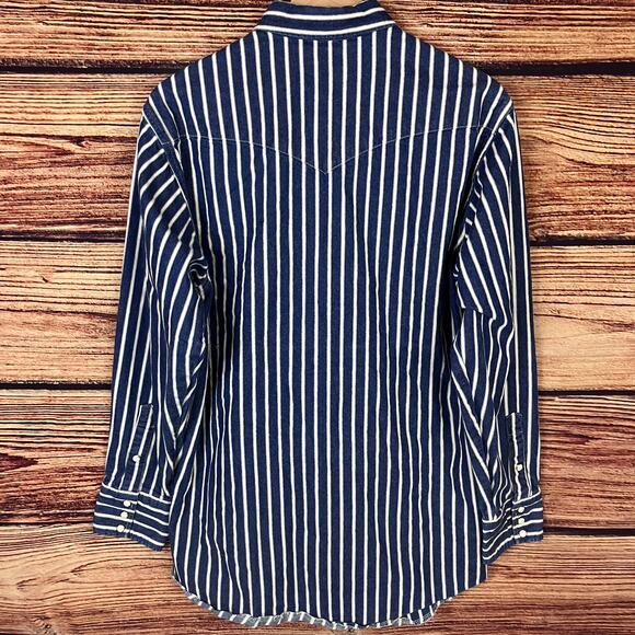 Vintage 1990s Wrangler Brushpopper Pinstripe Denim Pearl Snap Shirt - Picture 8 of 8